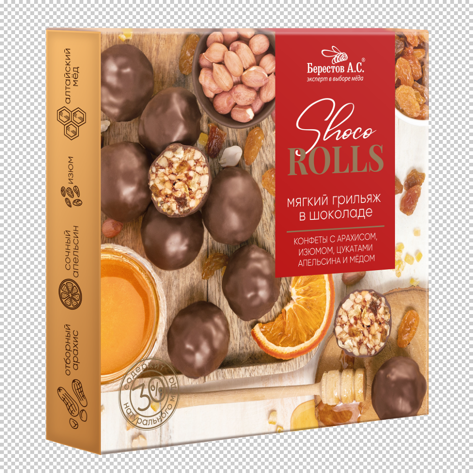  Берестов Shoco Rolls конфеты с арахисом, изюмом, цукатами апельсина и медом,  135г в Ростове-на-Дону